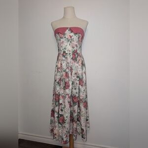 Vintage Laura Ashley Strapless Floral Midi Dress